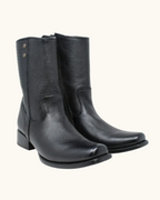 Black leather square toe cowboy boots with a mid-calf design