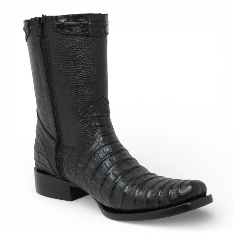 Men's Alligator Caiman Belly Print Dubai Square Toe Cowboy Boots w/ Zipper - Black - OriginalWestern.com