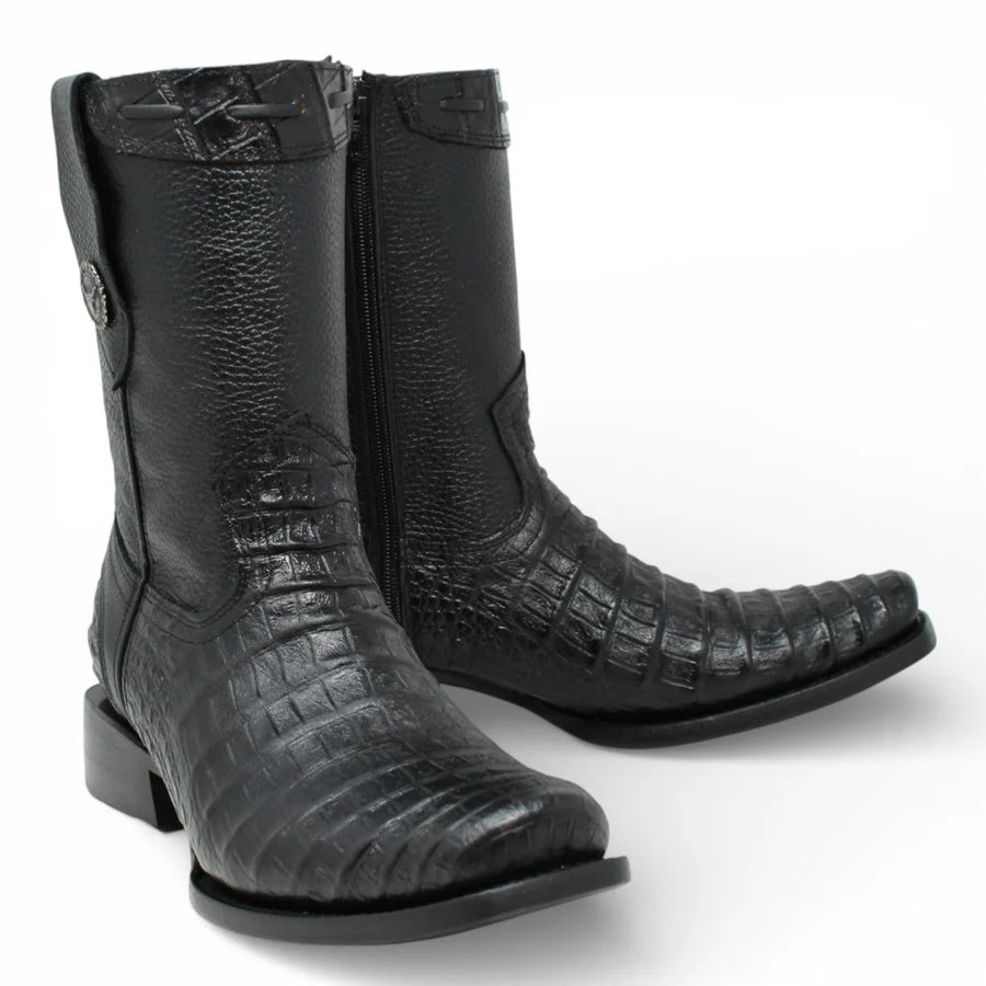 Men's Alligator Caiman Belly Print Dubai Square Toe Cowboy Boots w/ Zipper - Black - OriginalWestern.com