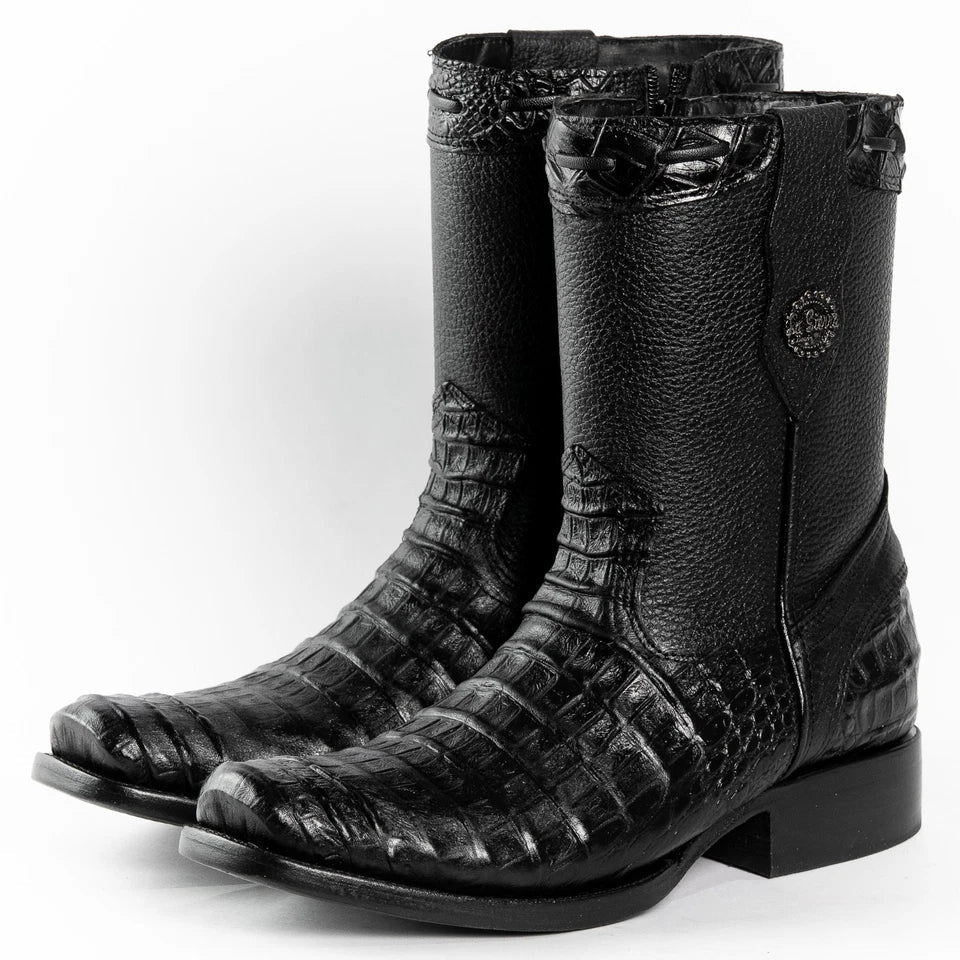 Men's Alligator Caiman Belly Print Dubai Square Toe Cowboy Boots w/ Zipper - Black - OriginalWestern.com