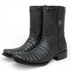 Men's Alligator Caiman Belly Print Dubai Square Toe Cowboy Boots w/ Zipper - Black - OriginalWestern.com
