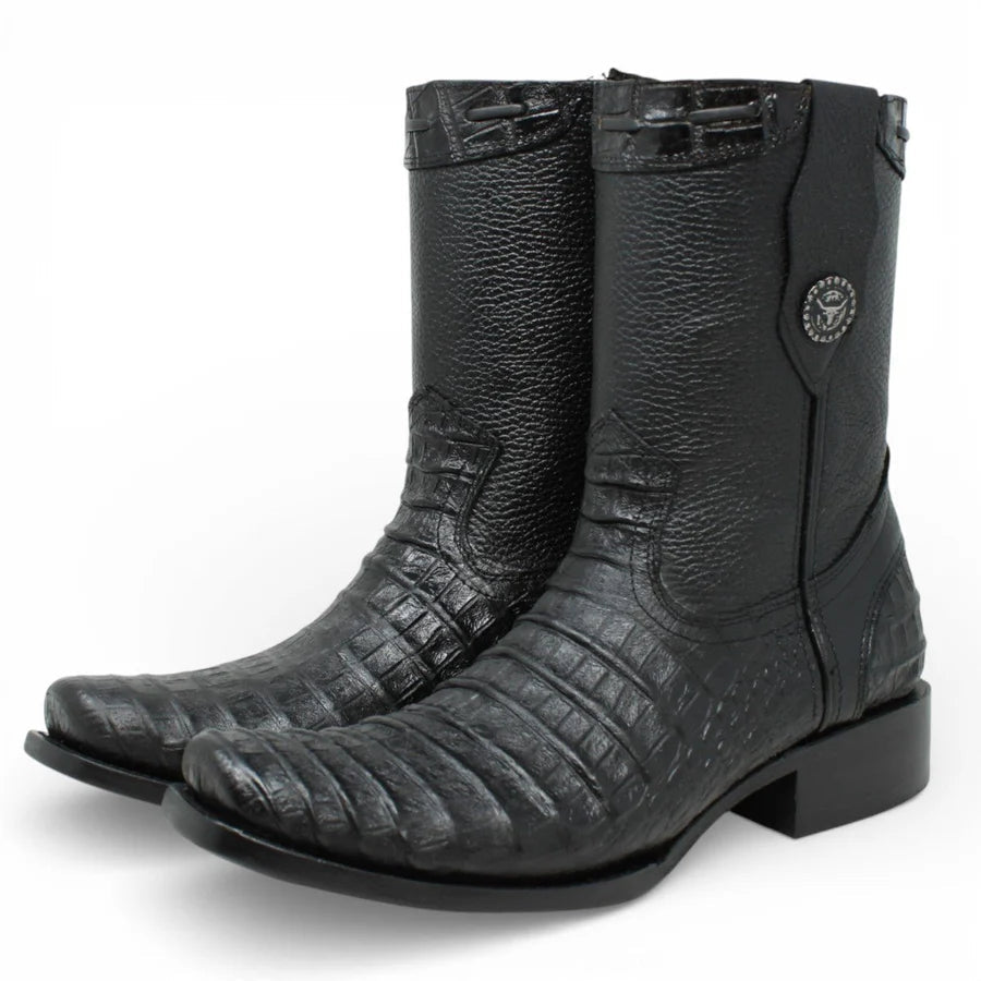 Men's Alligator Caiman Belly Print Dubai Square Toe Cowboy Boots w/ Zipper - Black - OriginalWestern.com