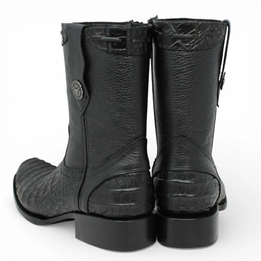 Men's Alligator Caiman Belly Print Dubai Square Toe Cowboy Boots w/ Zipper - Black - OriginalWestern.com