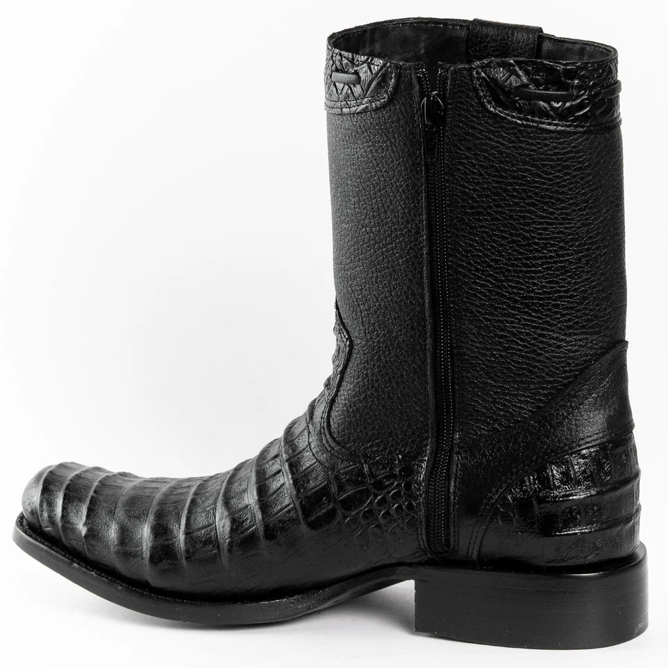 Men's Alligator Caiman Belly Print Dubai Square Toe Cowboy Boots w/ Zipper - Black - OriginalWestern.com