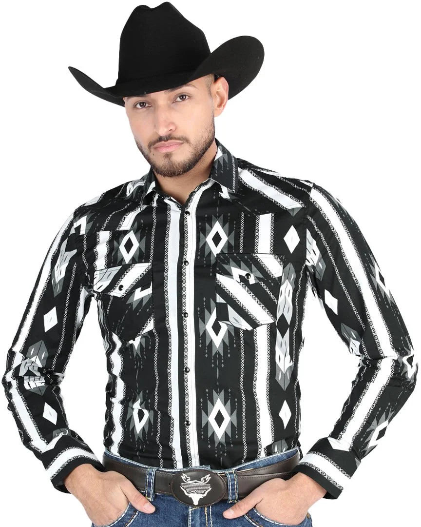 El General - Men's Black Western Shirt with Striped Diamond Pattern 44475