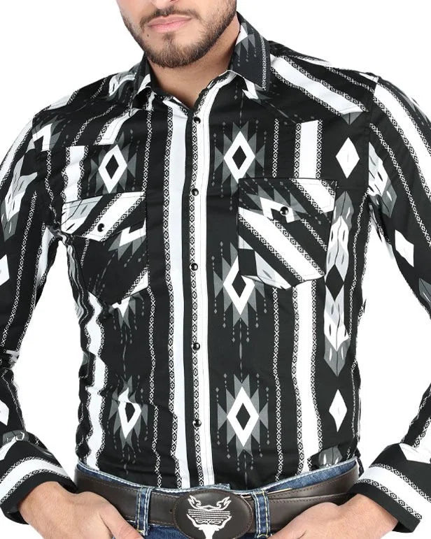 El General - Men's Black Western Shirt with Striped Diamond Pattern 44475
