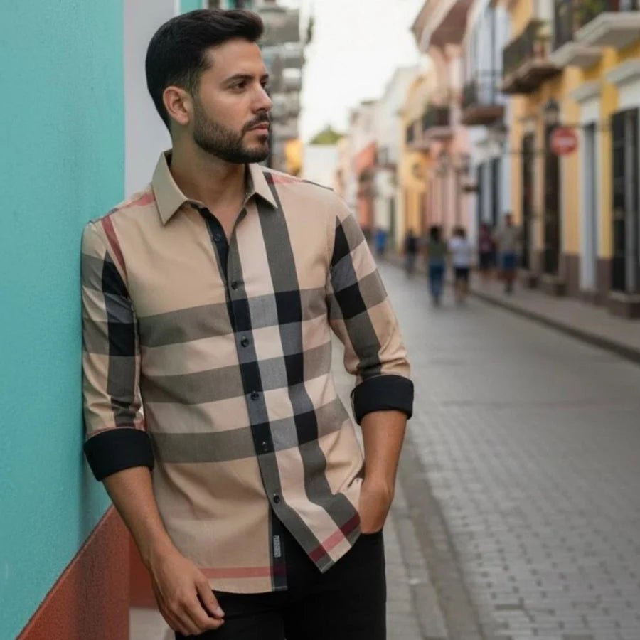 Men's Button Down Shirt with Stripes - Beige 097-030 - OriginalWestern.com
