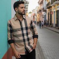 Men's Button Down Shirt with Stripes - Beige 097-030