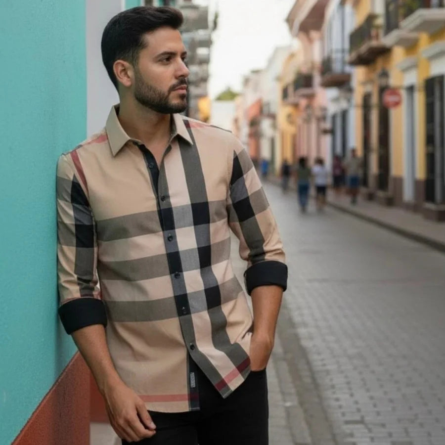 Men's Button Down Shirt with Stripes - Beige 097-030