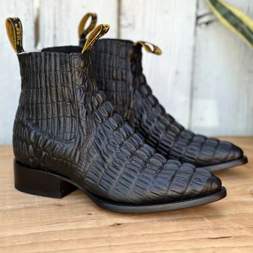 Men's Caiman Alligator Print J-Toe Short Ankle Western Cowboy Boots - Black - OriginalWestern.com