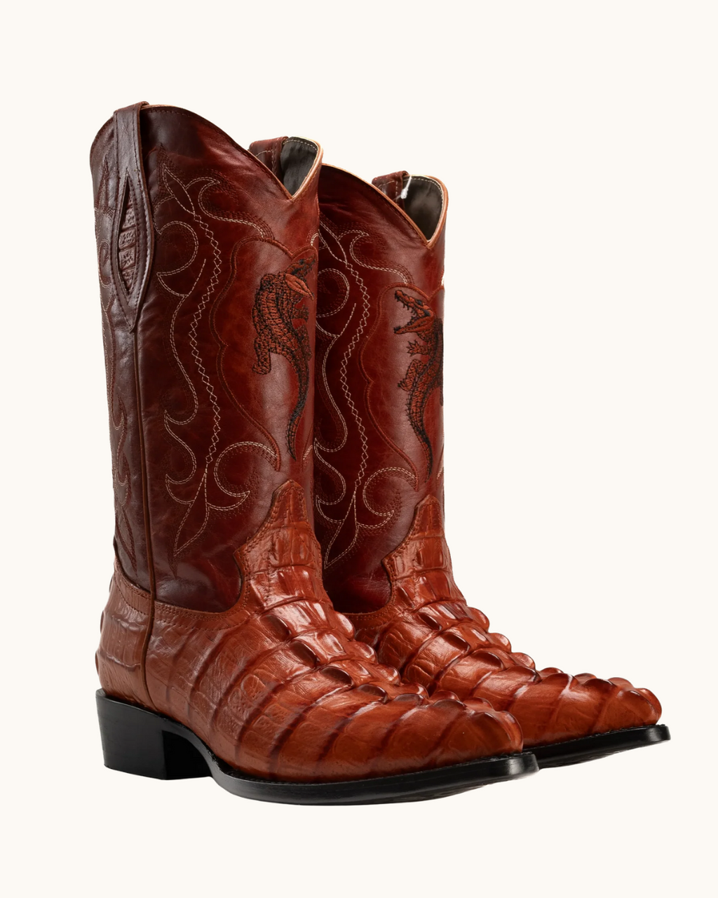 Men’s caiman print cowboy boots in cognac with a classic J-toe design