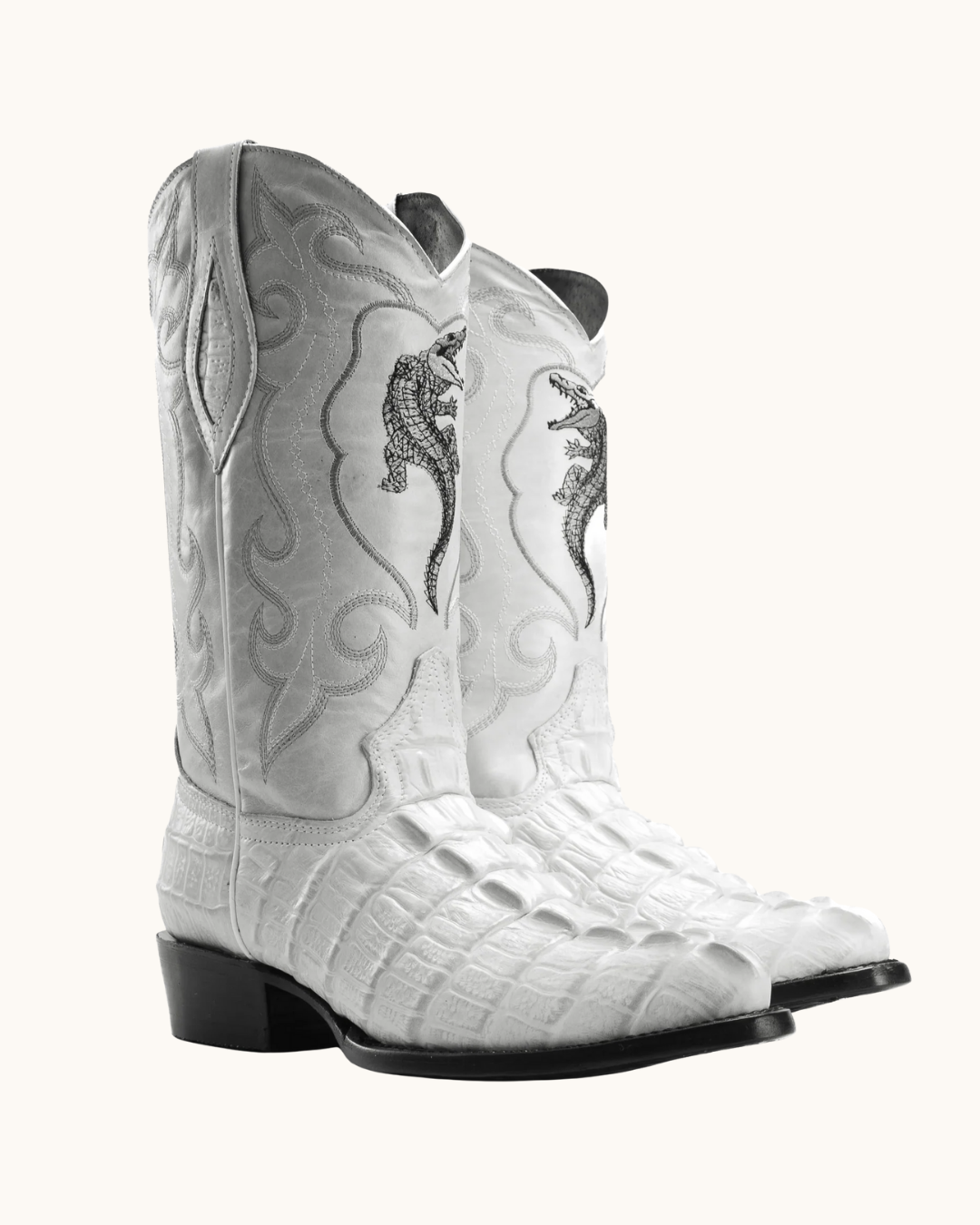 Men’s caiman print cowboy boots in winter white with a classic J-toe design