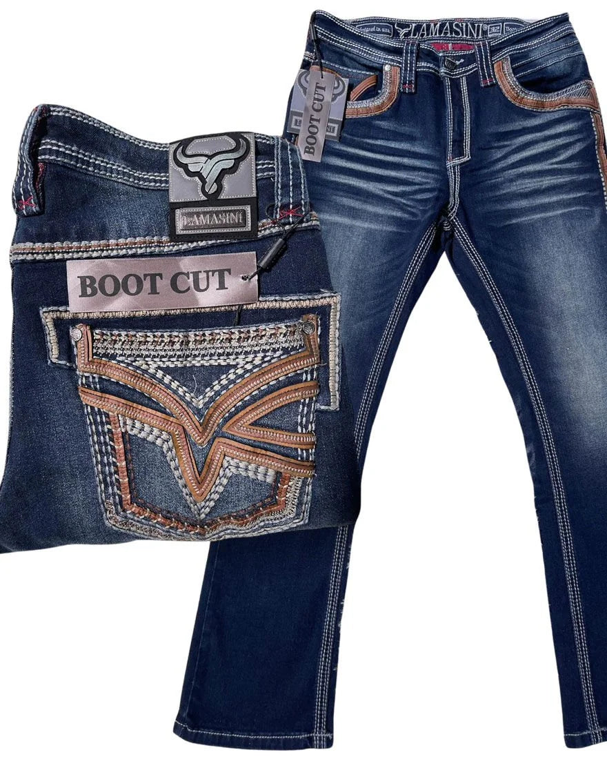 Men's Boot Cut Western Jeans – Stretch Denim Cowboy Pants – Dark Blue 12101