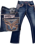 Men's Boot Cut Western Jeans – Stretch Denim Cowboy Pants – Dark Blue 12101