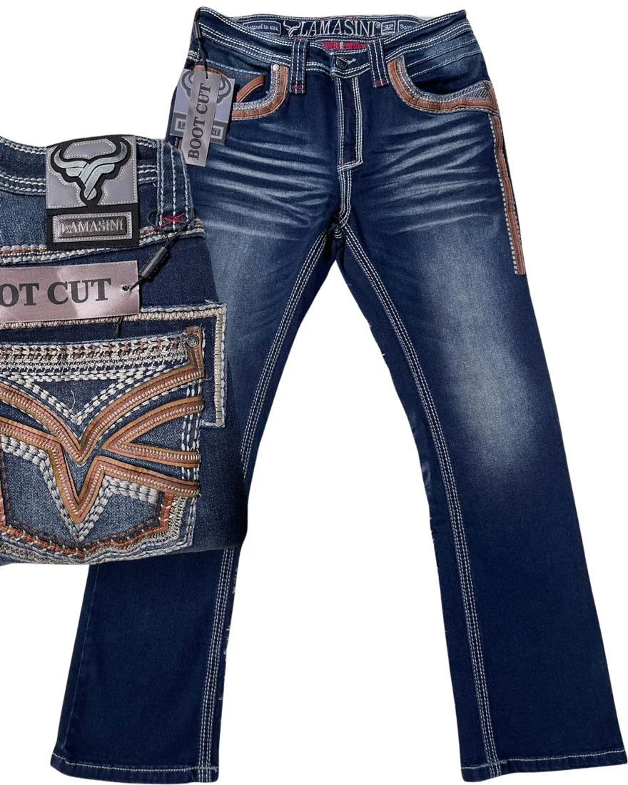 Men's Boot Cut Western Jeans – Stretch Denim Cowboy Pants – Dark Blue 12101
