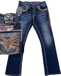 Men's Boot Cut Western Jeans – Stretch Denim Cowboy Pants – Dark Blue 12101