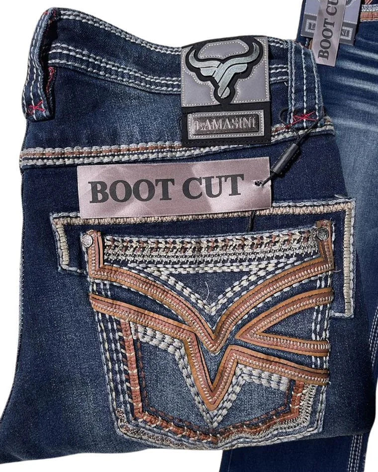 Men's Boot Cut Western Jeans – Stretch Denim Cowboy Pants – Dark Blue 12101
