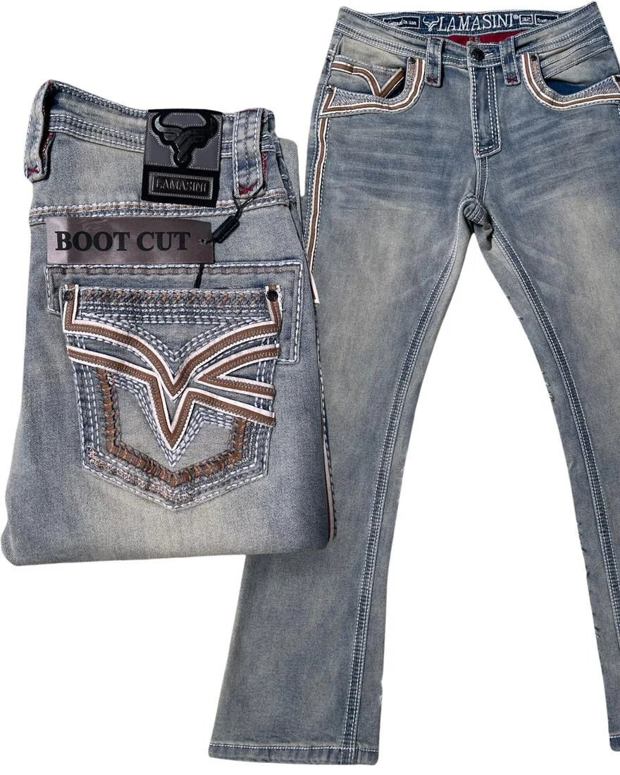 Men's Boot Cut Western Jeans – Stretch Denim Cowboy Pants – Light Blue 12101