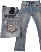 Men's Boot Cut Western Jeans – Stretch Denim Cowboy Pants – Light Blue 12101