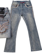 Men's Boot Cut Western Jeans – Stretch Denim Cowboy Pants – Light Blue 12101