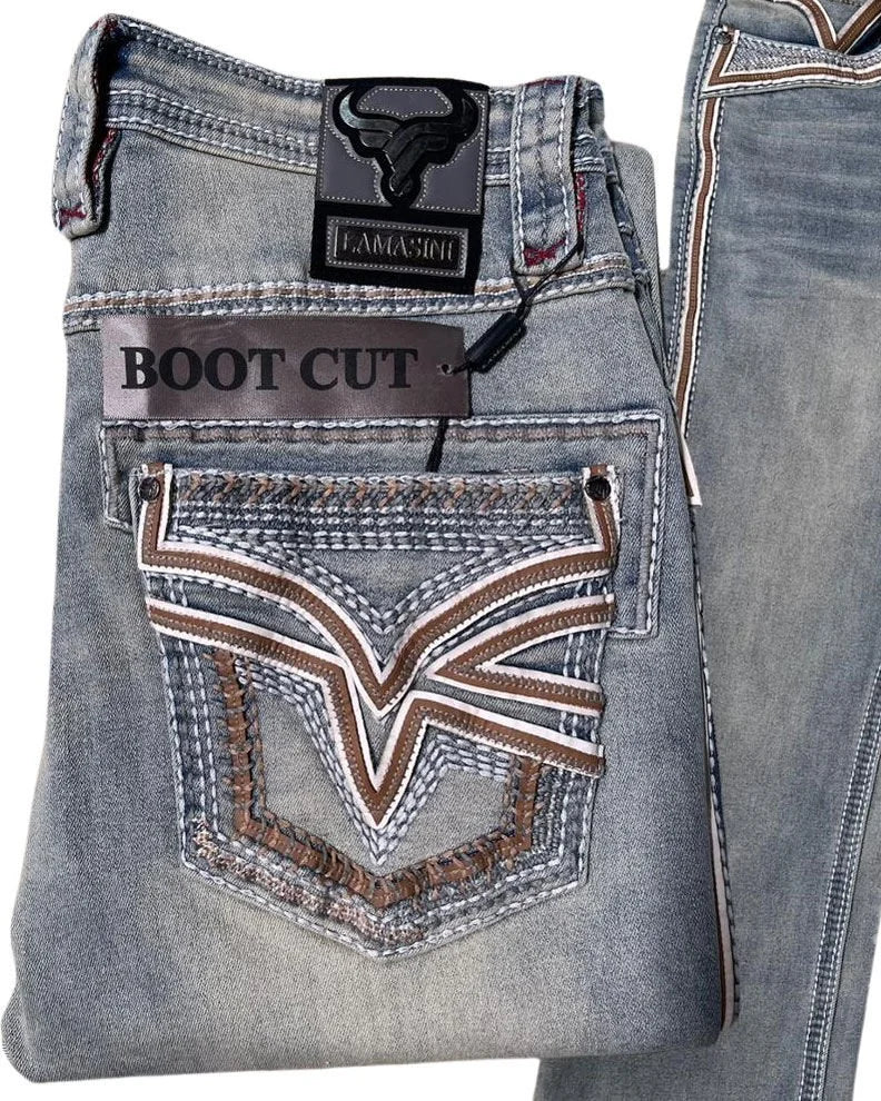 Men's Boot Cut Western Jeans – Stretch Denim Cowboy Pants – Light Blue 12101
