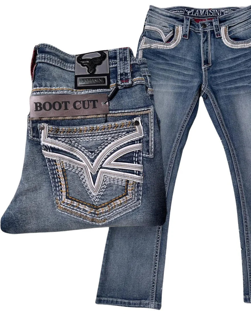 Men's Boot Cut Western Jeans – Stretch Denim Cowboy Pants – Medium Blue 12101