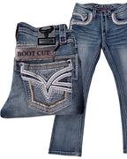 Men's Boot Cut Western Jeans – Stretch Denim Cowboy Pants – Medium Blue 12101