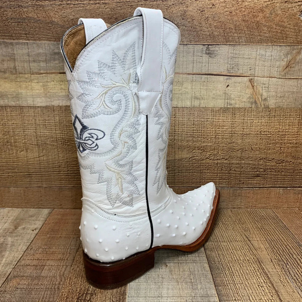 Men's Cowboy Western Exotic Ostrich Print Pointed Toe Boot Est. 097 White - OriginalWestern.com