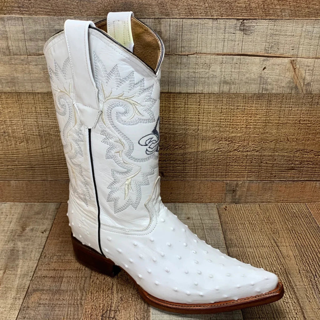 Men's Cowboy Western Exotic Ostrich Print Pointed Toe Boot Est. 097 White - OriginalWestern.com