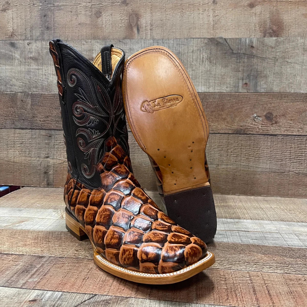 Men's Cowboy Western Fish Pirarucu Print Square Toe Boots Est. 722/700 Honey - OriginalWestern.com