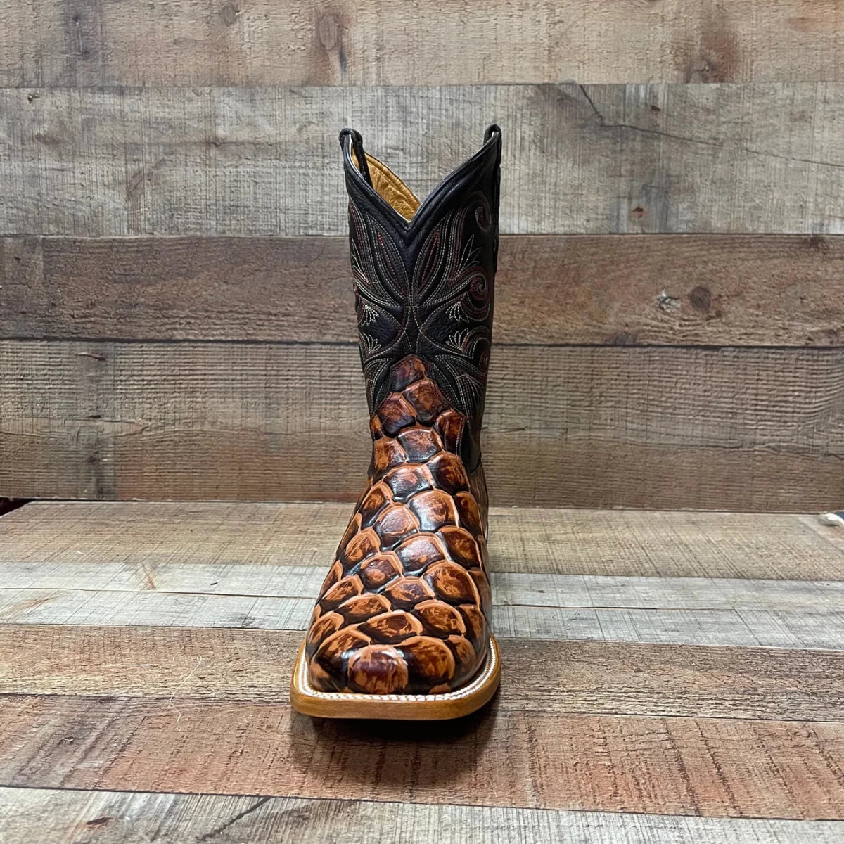 Men's Cowboy Western Fish Pirarucu Print Square Toe Boots Est. 722/700 Honey - OriginalWestern.com