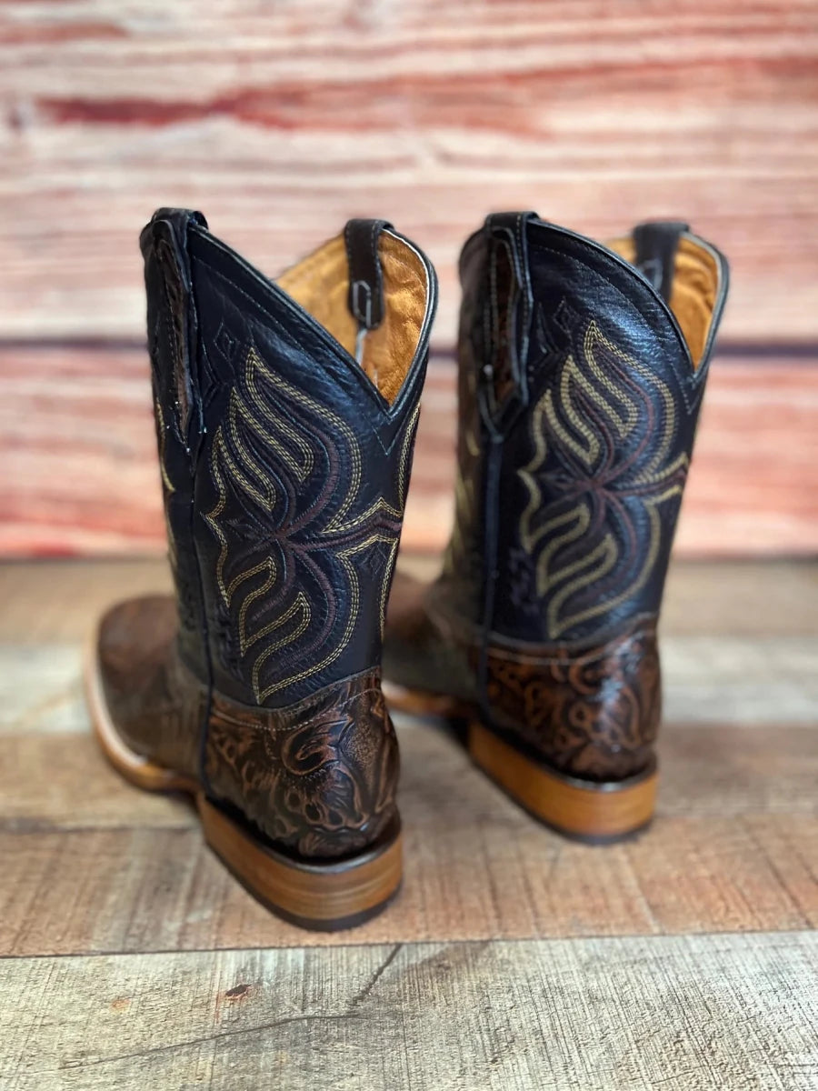 Men's Cowboy Western Hand Tooled Square Toe Boot Est 697 Brown - OriginalWestern.com