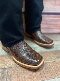 Men's Cowboy Western Hand Tooled Square Toe Boot Est 697 Brown - OriginalWestern.com