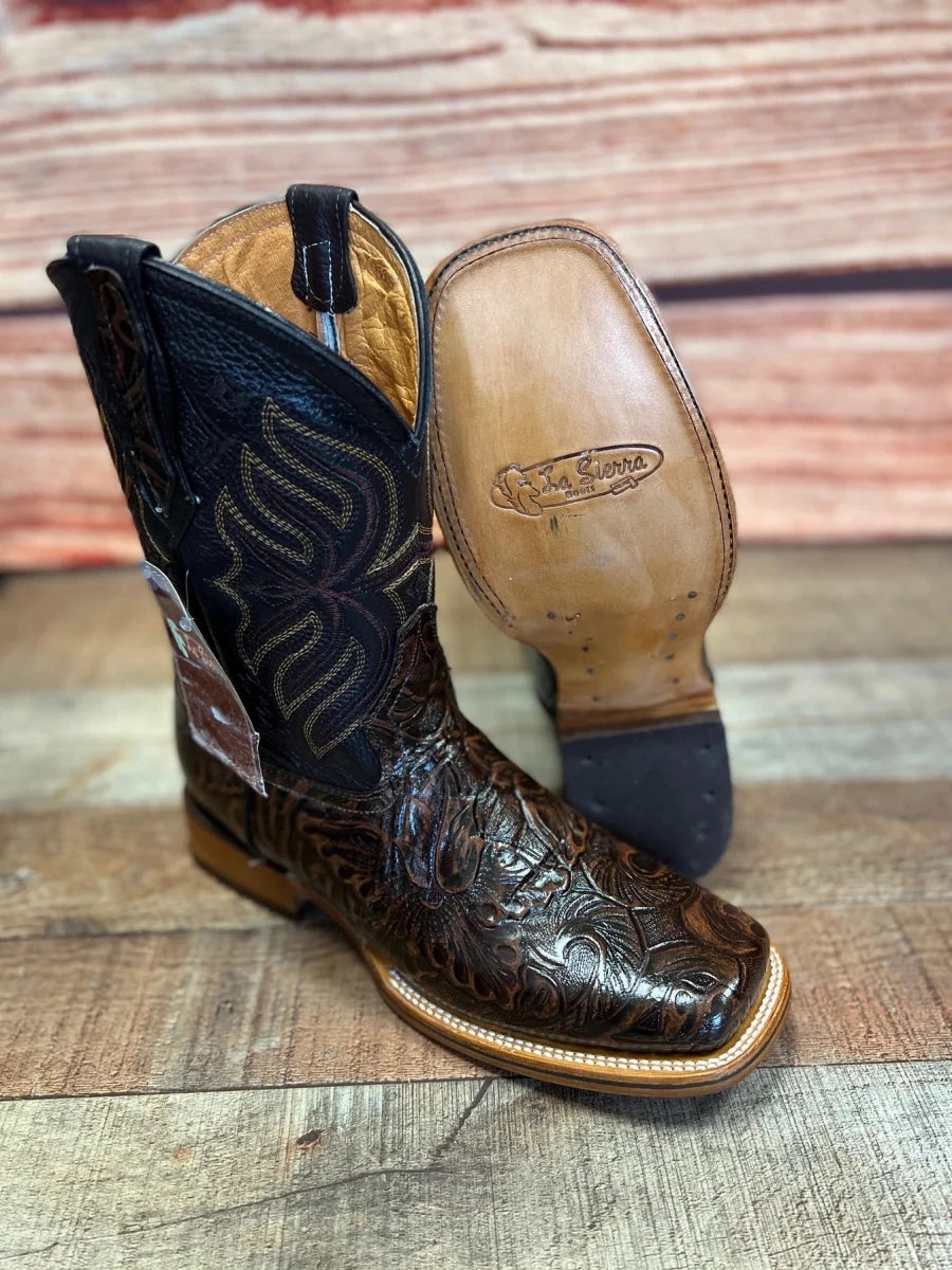 Men's Cowboy Western Hand Tooled Square Toe Boot Est 697 Brown - OriginalWestern.com