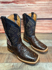 Men's Cowboy Western Hand Tooled Square Toe Boot Est 697 Brown - OriginalWestern.com