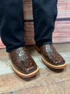 Men's Cowboy Western Hand Tooled Square Toe Boot Est 697 Brown - OriginalWestern.com