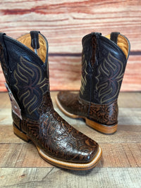 Men's Cowboy Western Hand Tooled Square Toe Boot Est 697 Brown - OriginalWestern.com