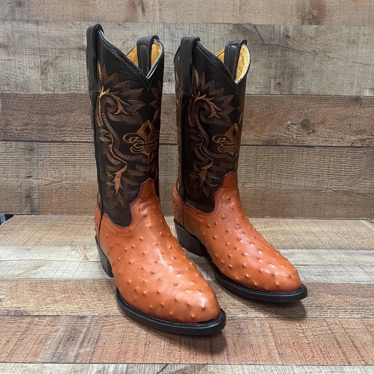 Men's Cowboy Western Ostrich Printed Pointed Boots Est. 099 Cognac - OriginalWestern.com