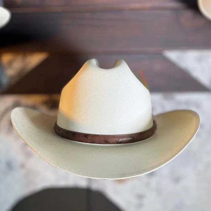 Men’s Cuernos Chuecos 10,000X Sinaloa Style Shantung Straw Ostrich Cowboy Hat - Brim 3" - OriginalWestern.com