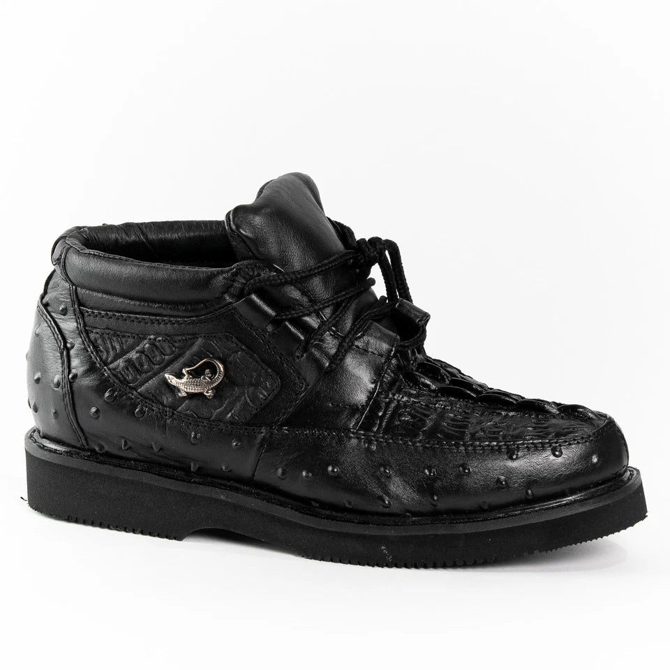 Men's Exotic Caiman and Ostrich Skin Print Casual Shoes - Black - OriginalWestern.com