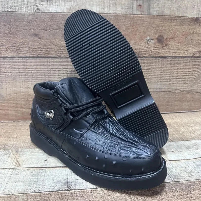 Men's Exotic Caiman and Ostrich Skin Print Casual Shoes - Black - OriginalWestern.com