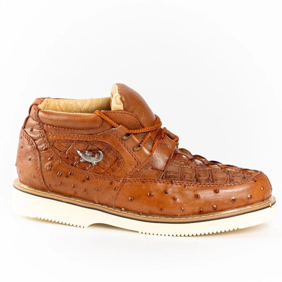 Men's Exotic Caiman and Ostrich Skin Print Casual Shoes - Cognac - OriginalWestern.com