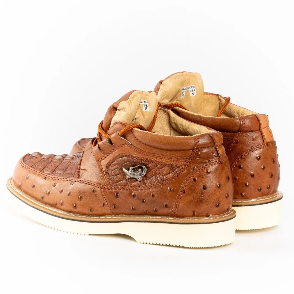 Men's Exotic Caiman and Ostrich Skin Print Casual Shoes - Cognac - OriginalWestern.com