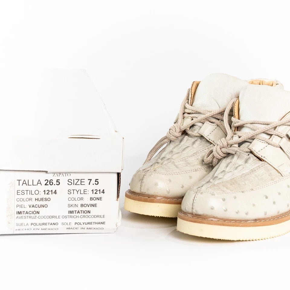 Men's Exotic Caiman and Ostrich Skin Print Casual Shoes - Winter White Bone - OriginalWestern.com