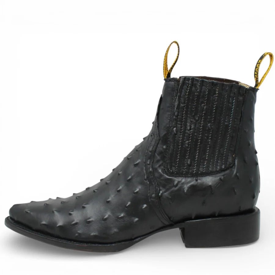 Men's Full Quill Ostrich Print J-Toe Short Ankle Western Cowboy Boots - Black - OriginalWestern.com