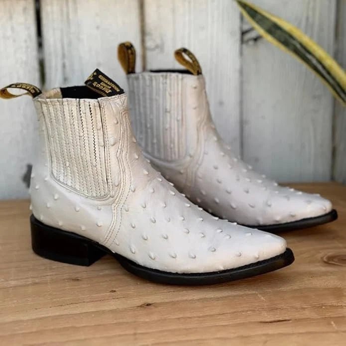 Men's Full Quill Ostrich Print J-Toe Short Ankle Western Cowboy Boots - Bone - OriginalWestern.com