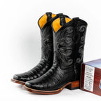 Men's Genuine Exotic Leather Caiman Alligator Print Square Toe Cowboy Boots - Black - OriginalWestern.com