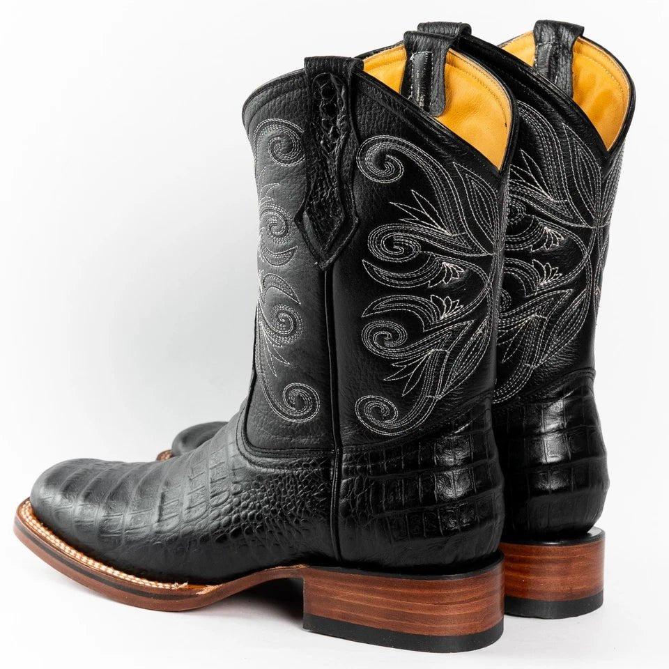 Men's Genuine Exotic Leather Caiman Alligator Print Square Toe Cowboy Boots - Black - OriginalWestern.com