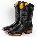 Men's Genuine Exotic Leather Caiman Alligator Print Square Toe Cowboy Boots - Black - OriginalWestern.com
