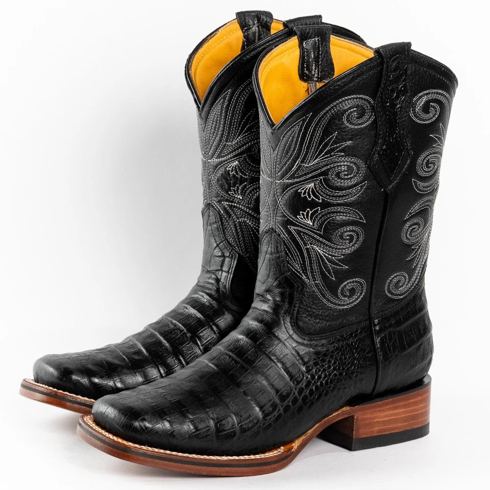 Men's Genuine Exotic Leather Caiman Alligator Print Square Toe Cowboy Boots - Black - OriginalWestern.com